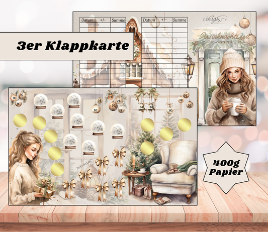 Sparchallenge „Weihnachtszeit schönste Zeit 2.0" Triple-Klappkarte, A6, 400g Papier
