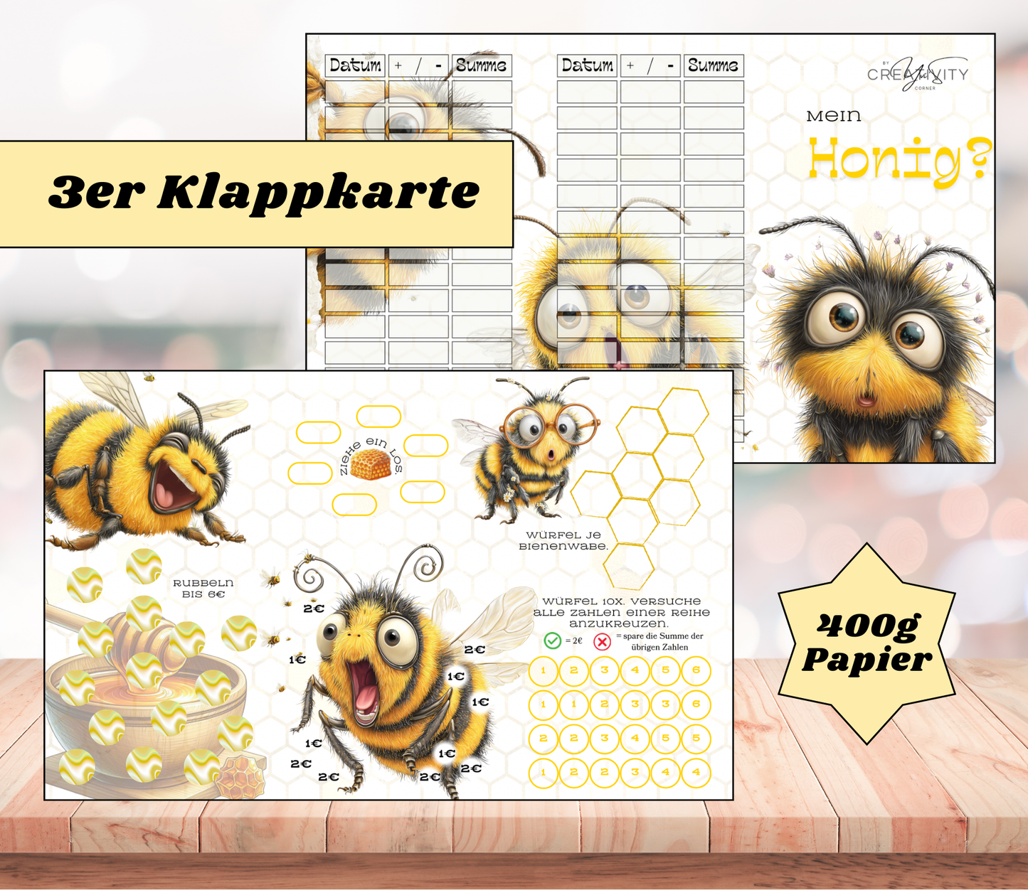 Sparchallenge „mein Honig" Triple-Klappkarte, A6, 400g Papier