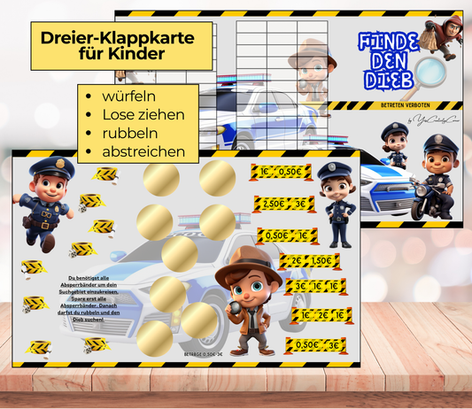 Kinder-Sparchallenge "Finde den Dieb" Triple-Klappkarte, A6, Papier 250g