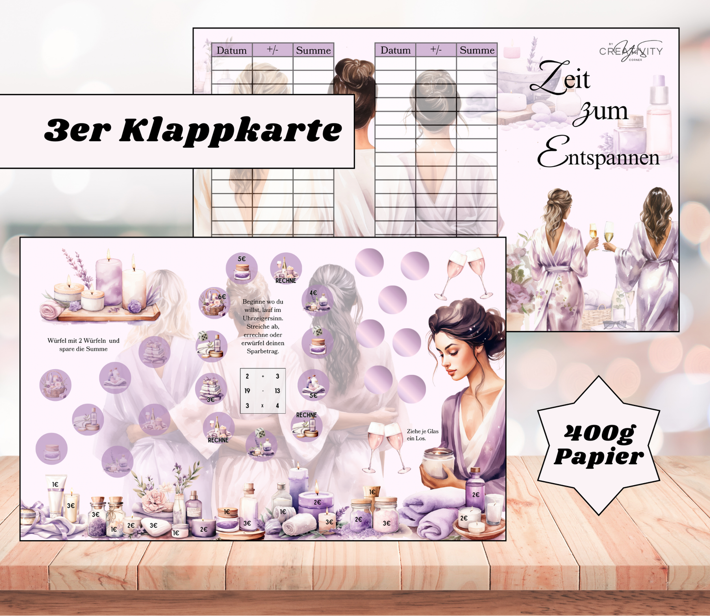 Sparchallenge „Zeit zum Entspannen 2.0" Triple-Klappkarte, A6, 400g Papier