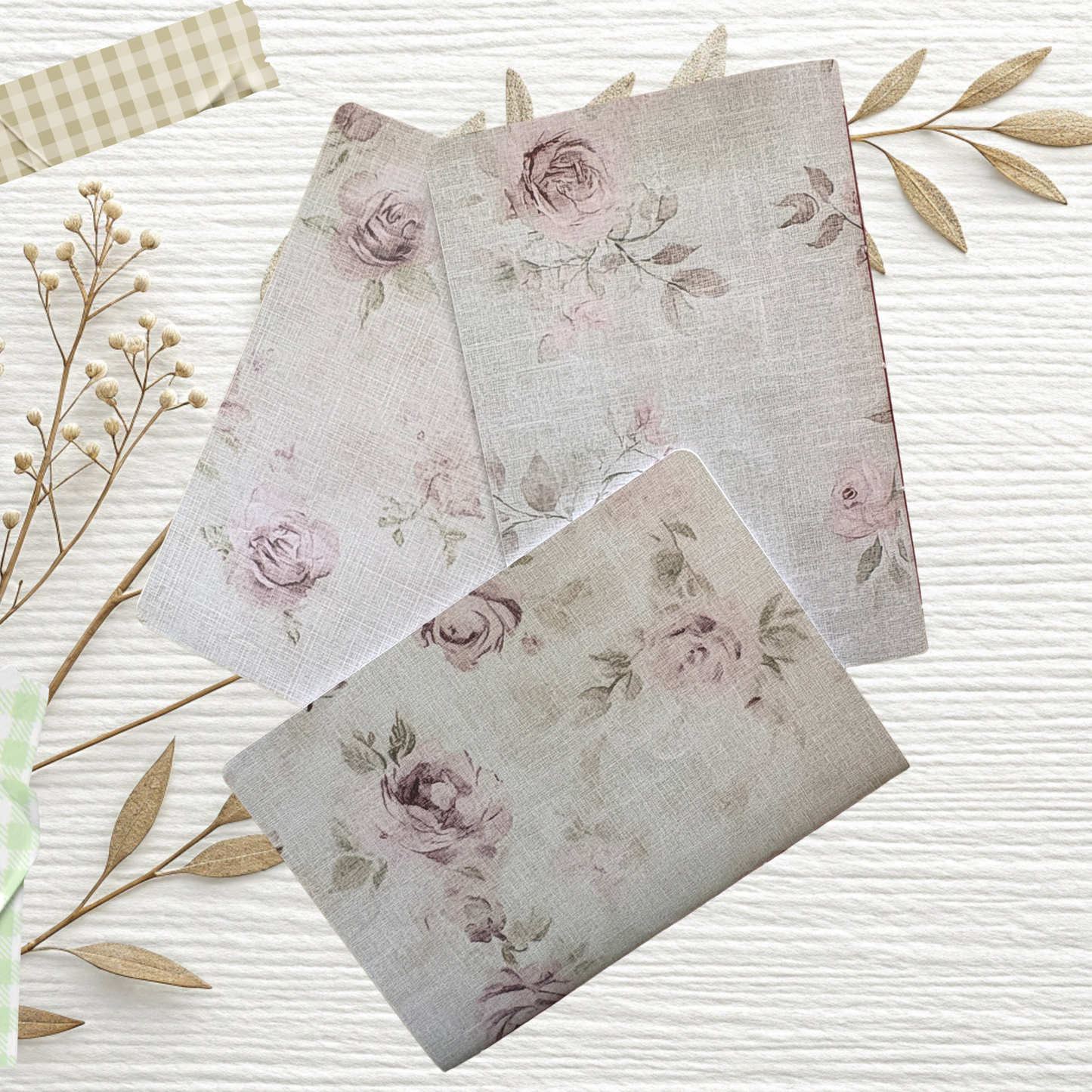 Kreatives Notizheft-3er-Set „Rosen-Poesie“ – Handgenähte Unikate für deine Gedanken