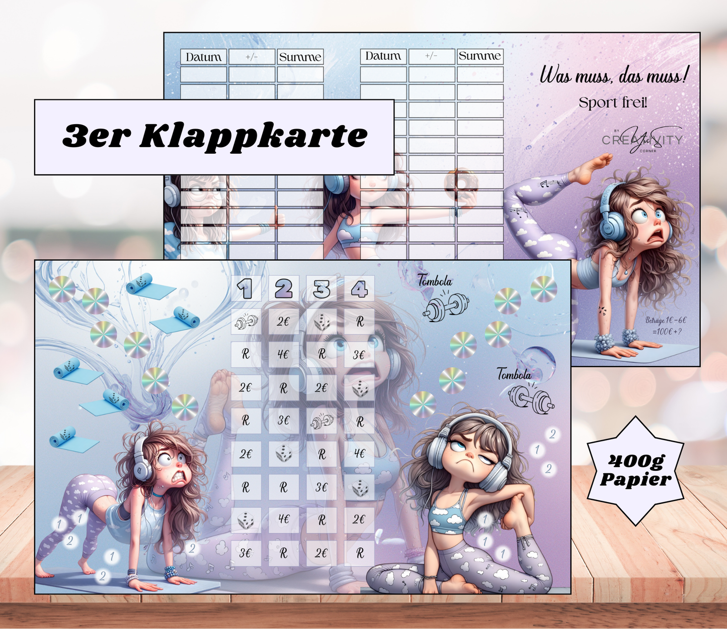 Sparchallenge „Was muss, das muss - Sport frei" Triple-Klappkarte, A6, 400g Papier