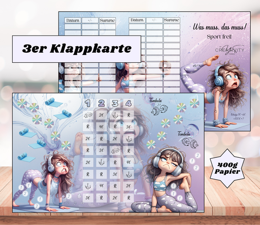 Sparchallenge „Was muss, das muss - Sport frei" Triple-Klappkarte, A6, 400g Papier