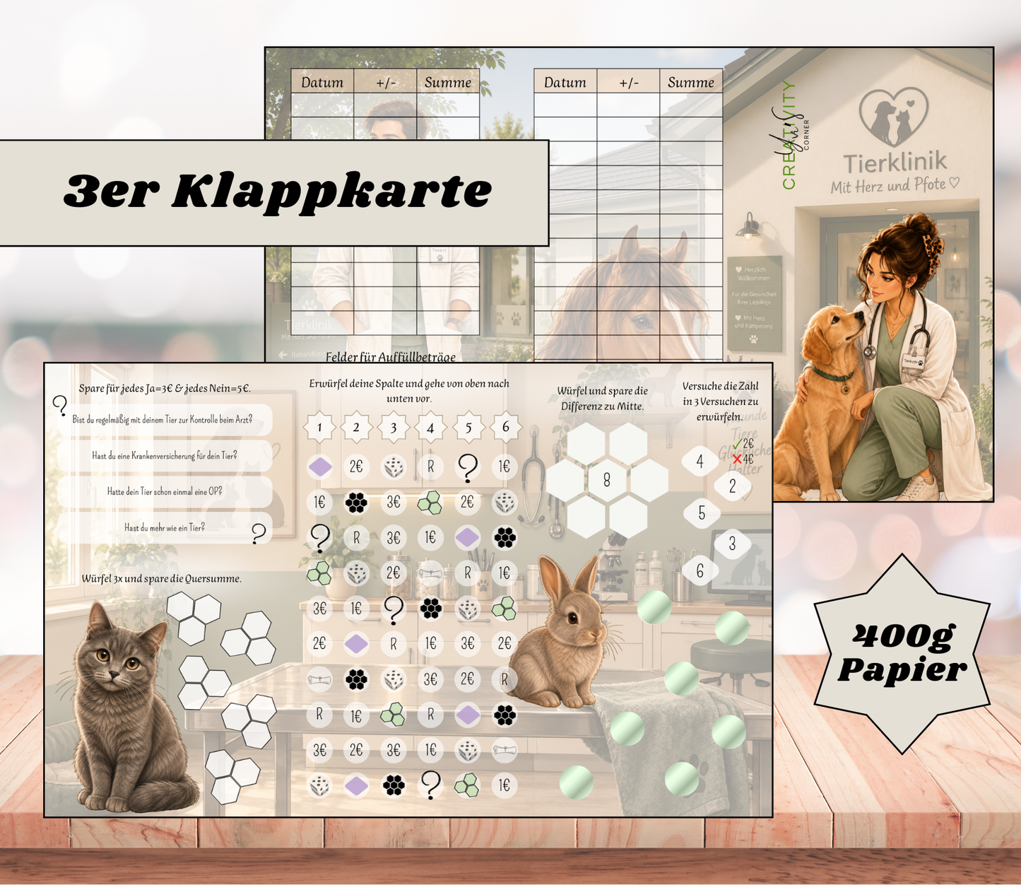 Sparchallenge "Tierklinik - Tierarzt" Triple-Klappkarte, A6, 400g Papier