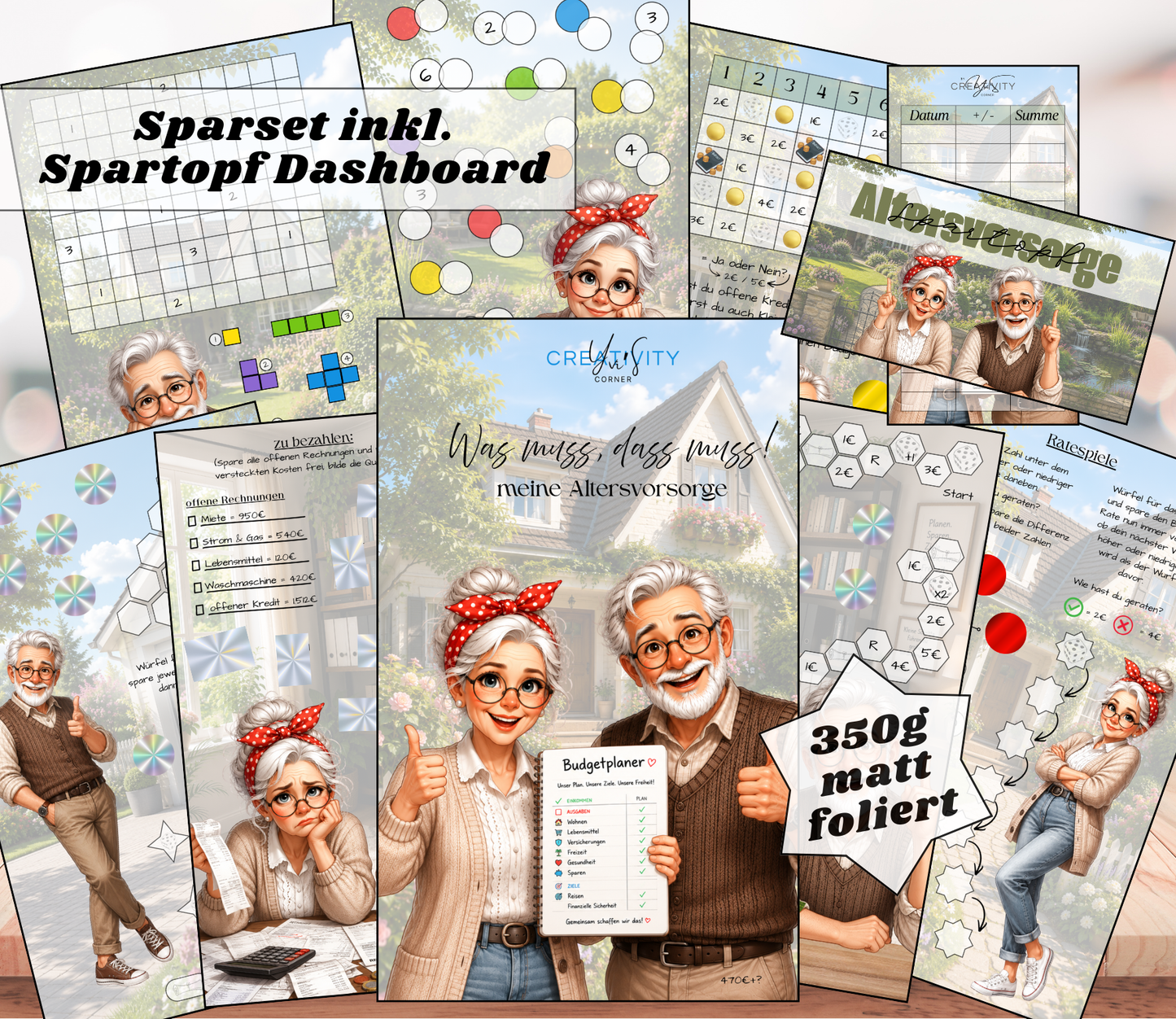 Sparchallenge "Altersvorsorge", gelocht und matt foliert für A6, Papier 350g