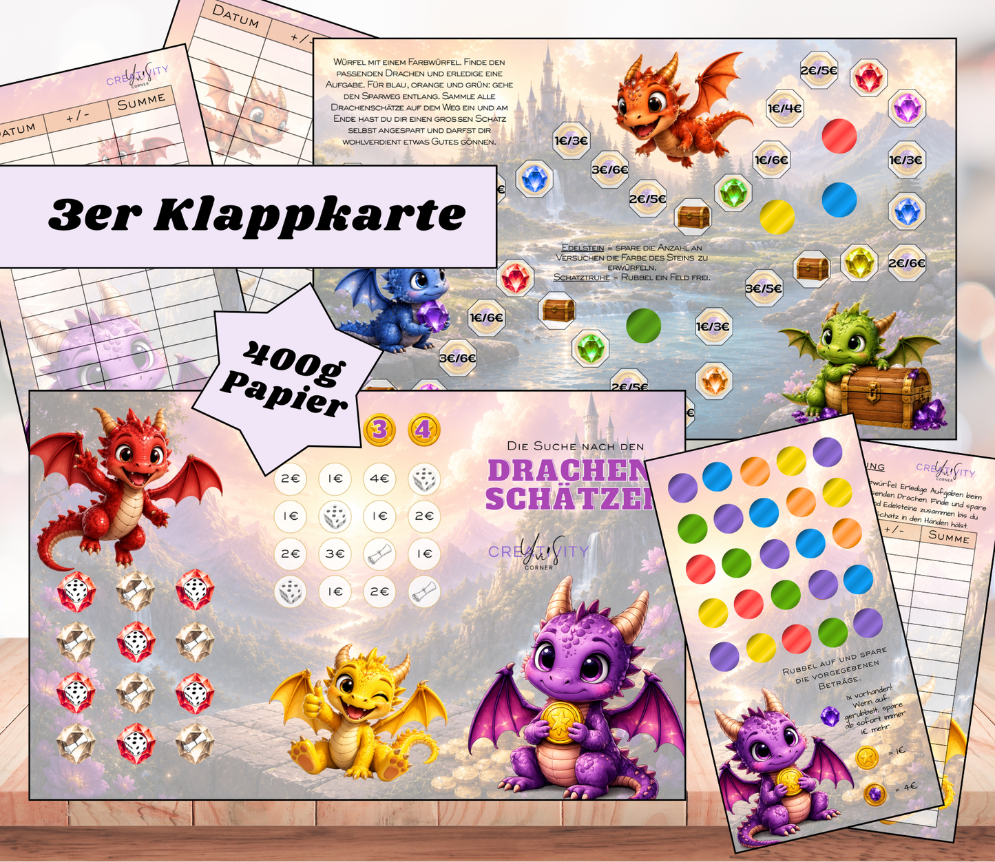 Sparchallenge "Drachenschätze" Triple-Klappkarte, A6, 400g Papier