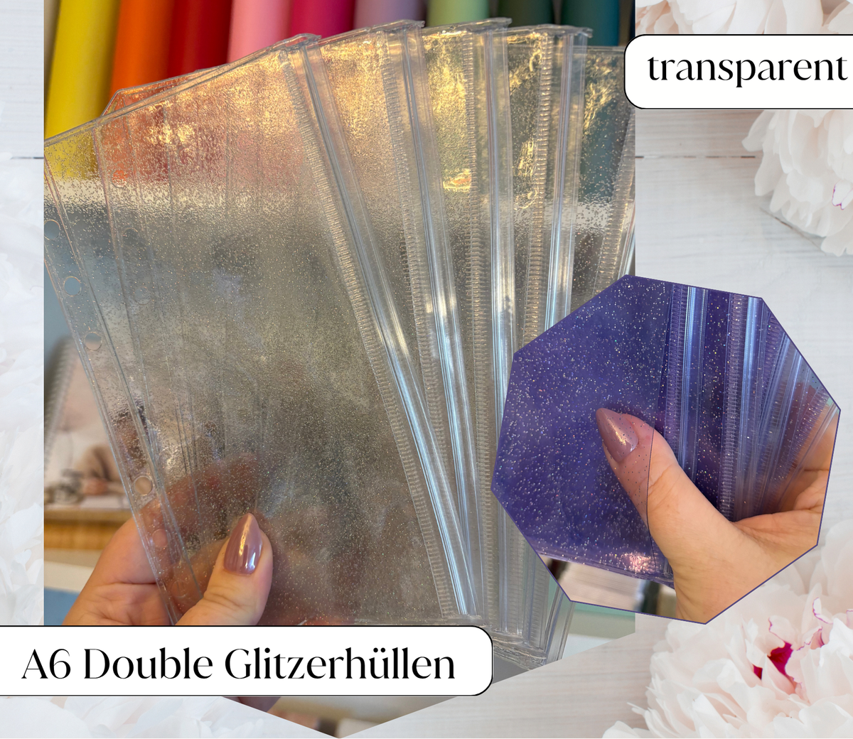 Glitzer Double Druckverschlusshüllen A6 (5 Stück)