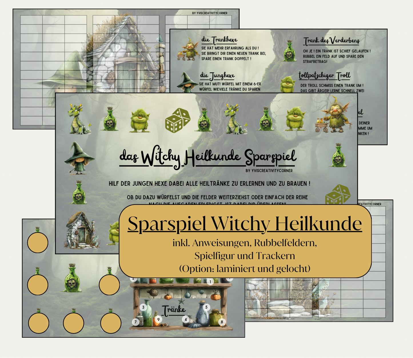 Sparspiel "Witchy Heilkunde" inkl. passendem Tracker, Würfel und Spielfigur, A6, Papier 250g