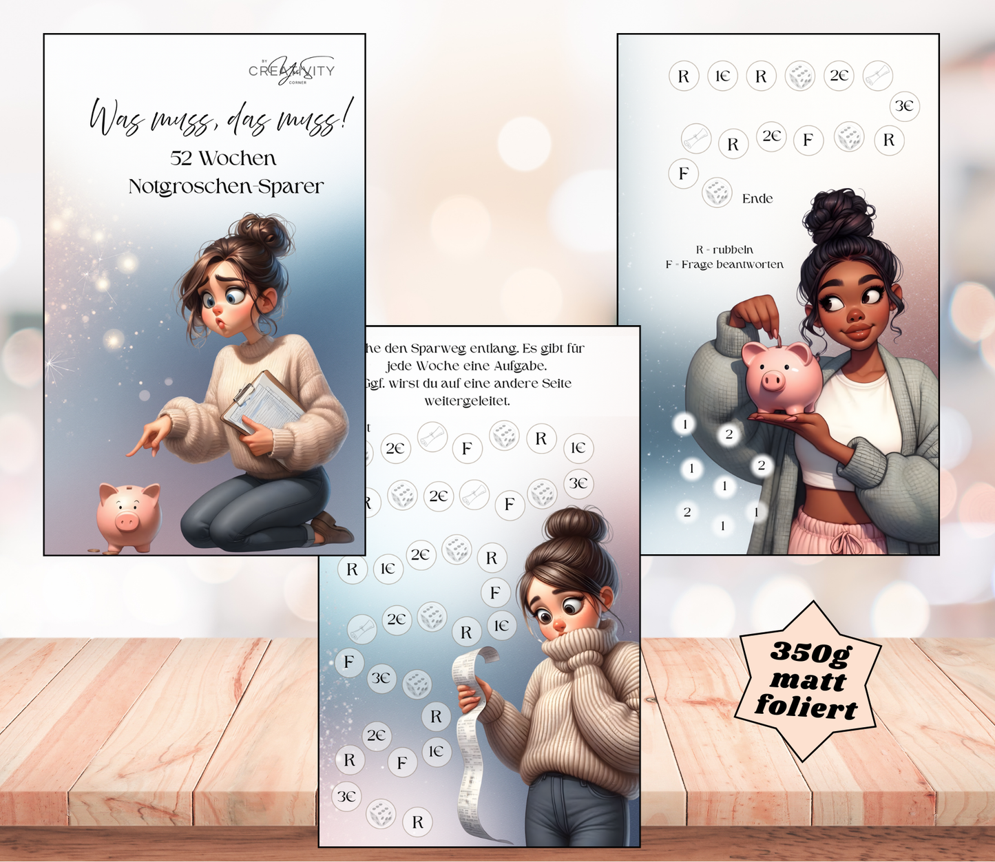 Sparchallenge "52 Wochen - Notgroschen", gelocht und matt foliert für A6, Papier 350g