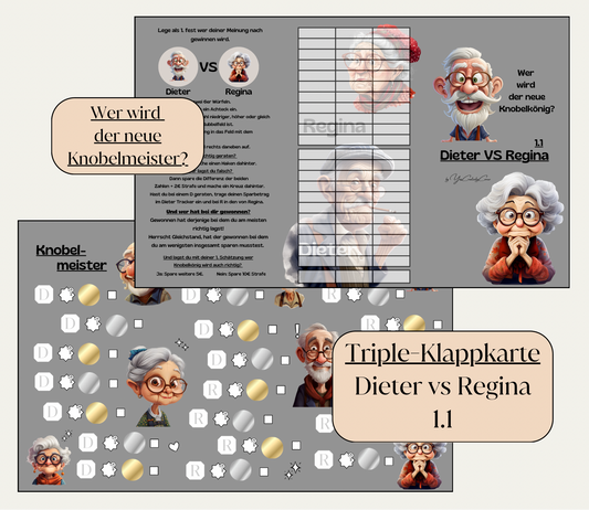 Sparchallenge "Dieter VS Regina 1.1" Triple-Klappkarte inkl. 2 Würfeln, A6, Papier 250g