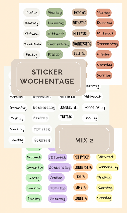 Sticker Wochentage - Schriftart MIX 2 (SW12)