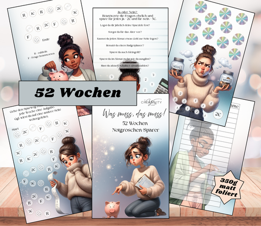 Sparchallenge "52 Wochen - Notgroschen", gelocht und matt foliert für A6, Papier 350g