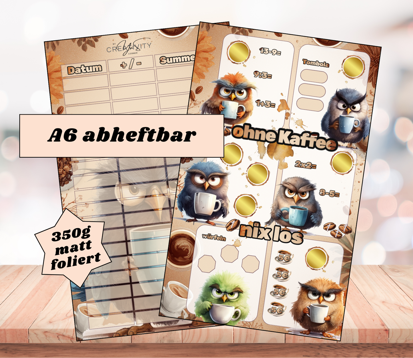 Sparchallenge "ohne Kaffee nix los", matt foliert für A6, Papier 350g