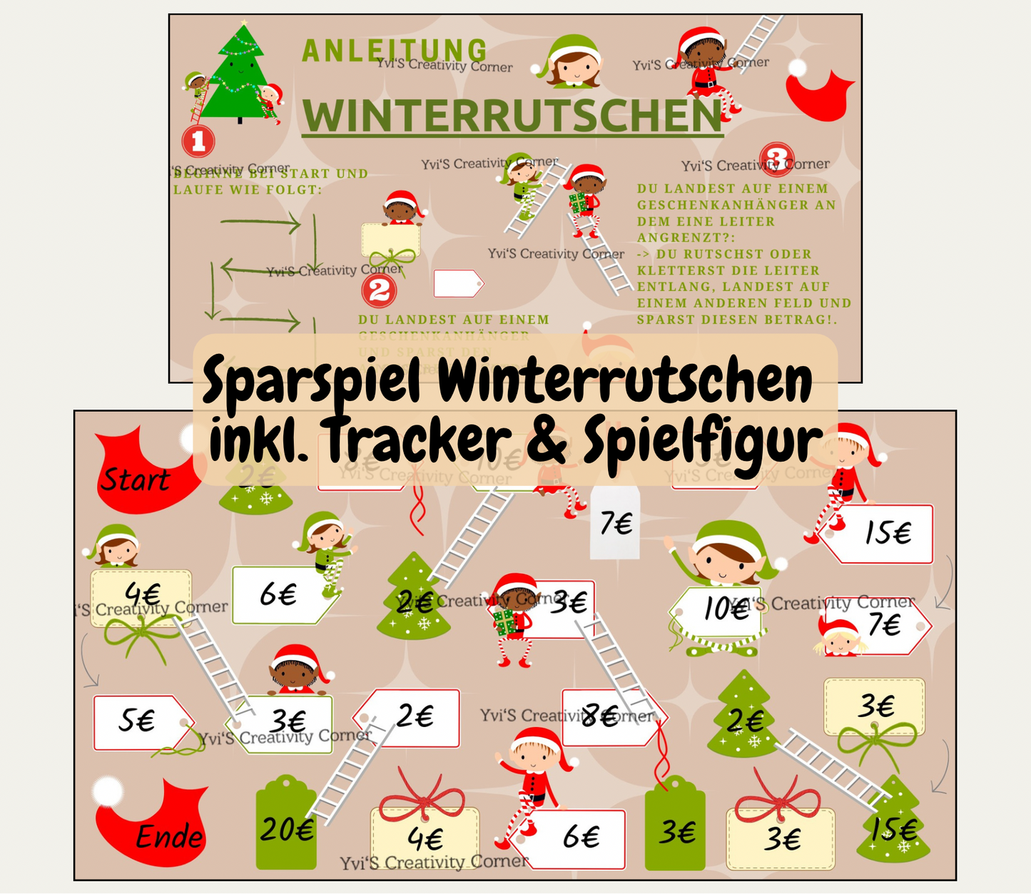 Sparspiel "Winterrutschen" inkl. passendem Tracker, Würfel und Spielfigur, A6, Papier 250g