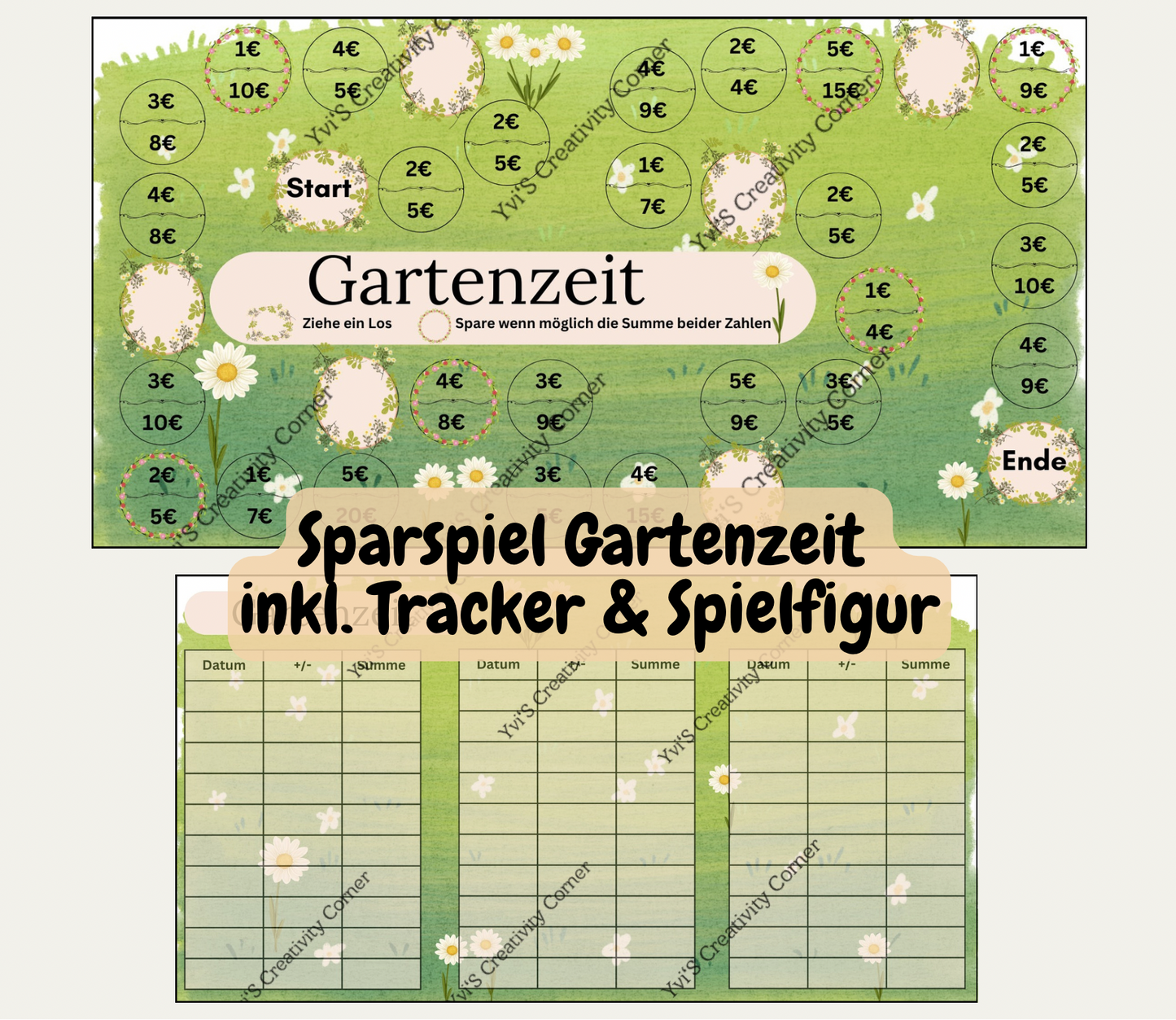 Sparspiel "Gartenzeit" inkl. passendem Tracker und Losen, Würfel und Spielfigur, A6, Papier 250g