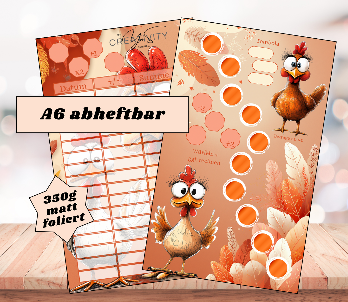 Sparchallenge "verrückte Hühner", A6, Papier 350g foliert