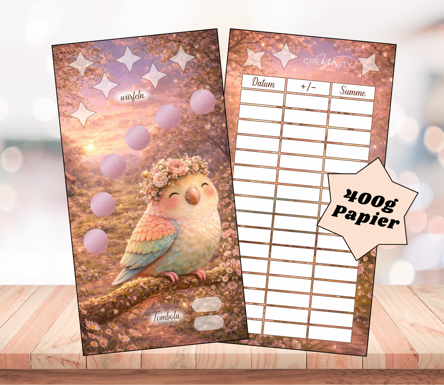 Sparchallenge „Vogelliebe", A6, Papier 400g