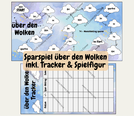 Sparspiel "über den Wolken" inkl. passendem Tracker, Würfel und Spielfigur, A6, Papier 250g