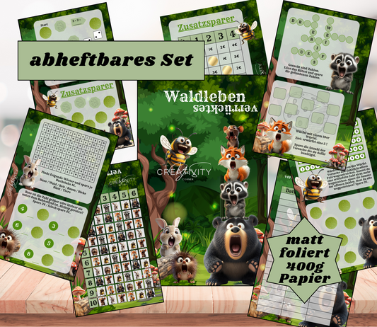 Sparchallenge-Set "verrücktes Waldleben", matt foliert für A6, Papier 350g