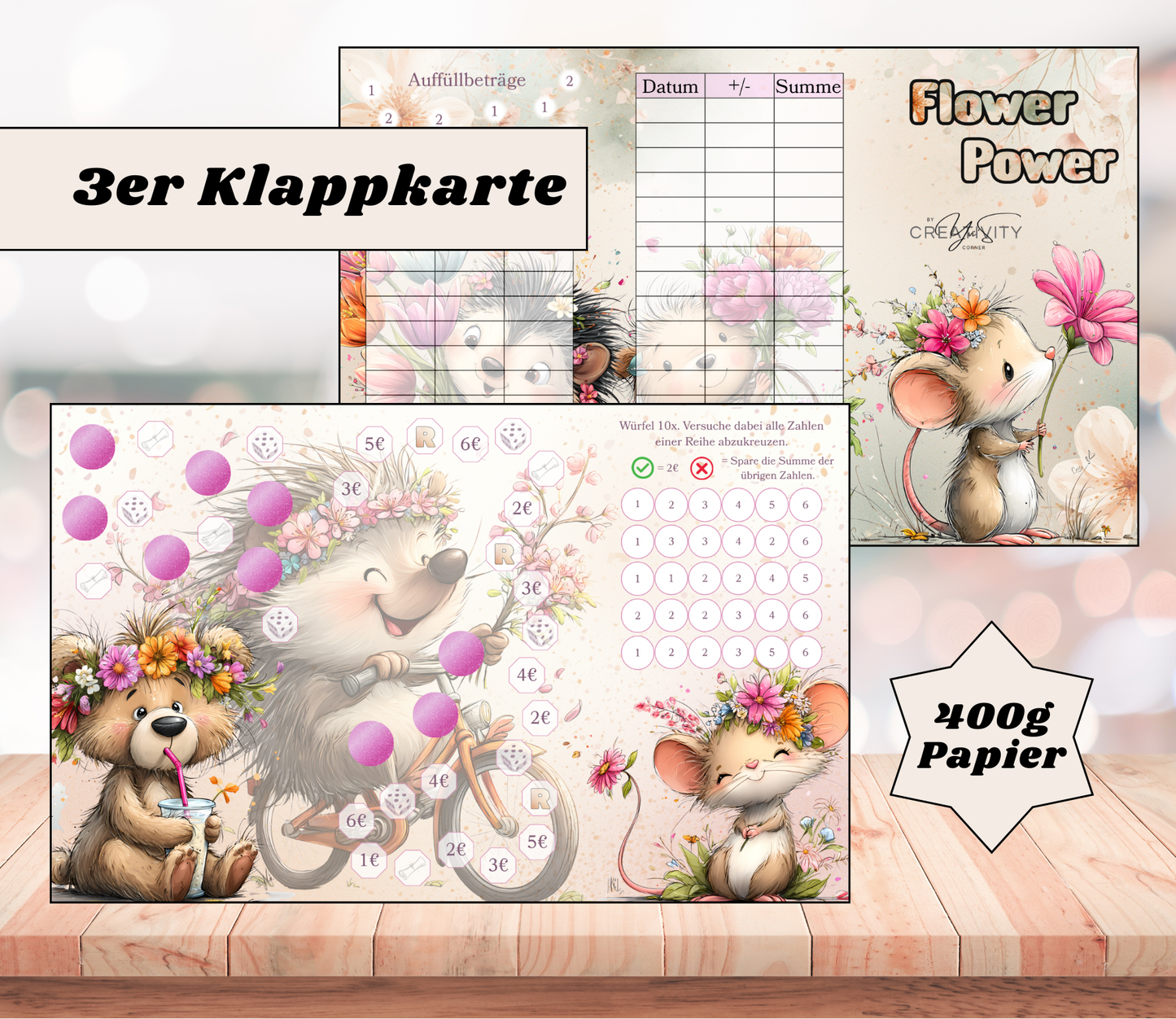 Sparchallenge „Flower Power" Triple-Klappkarte, A6, 400g Papier