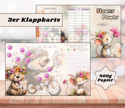 Sparchallenge „Flower Power" Triple-Klappkarte, A6, 400g Papier
