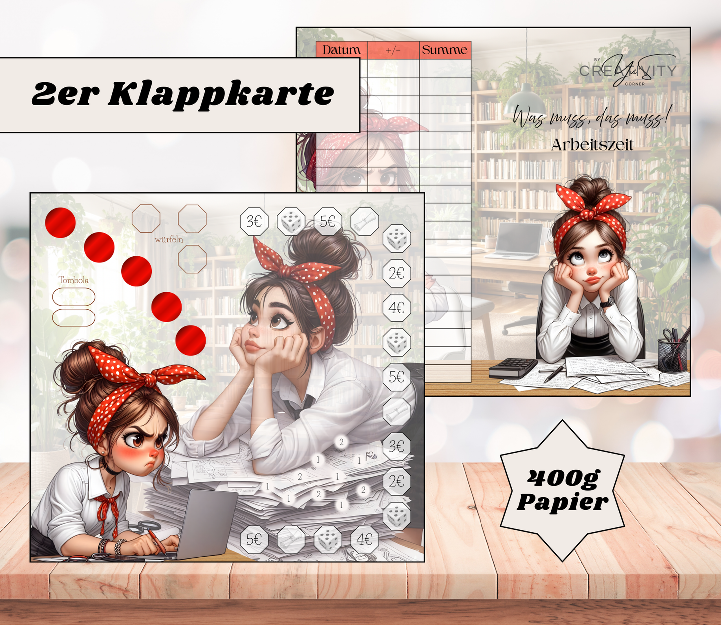 Sparchallenge „Was muss, das muss - Arbeitszeit" Zweier-Klappkarte, A6, 400g Papier