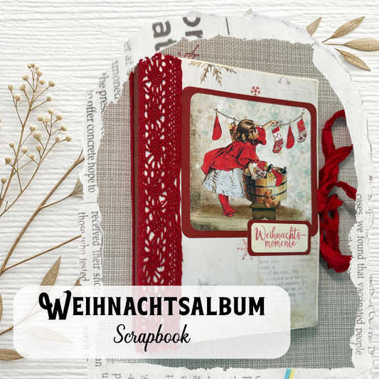 Weihnachtliches Junk Journal A5 – Handgemachtes Vintage Scrapbook in Rot mit Spitze & Nostalgie-Details