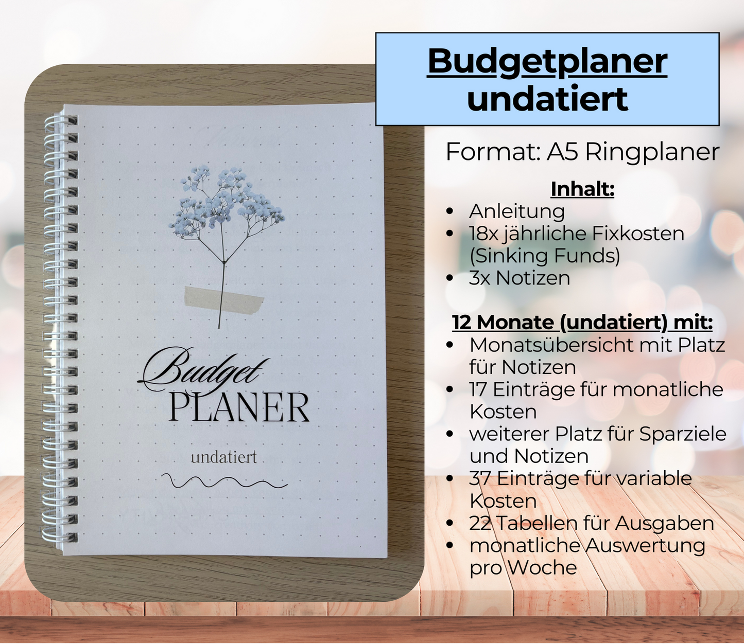 Budgetplaner undatiert „neutral“, A5, Spiralbindung