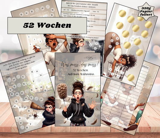 Sparchallenge "52 Wochen - Aufräumwahnsinn", gelocht und matt foliert für A6, Papier 350g