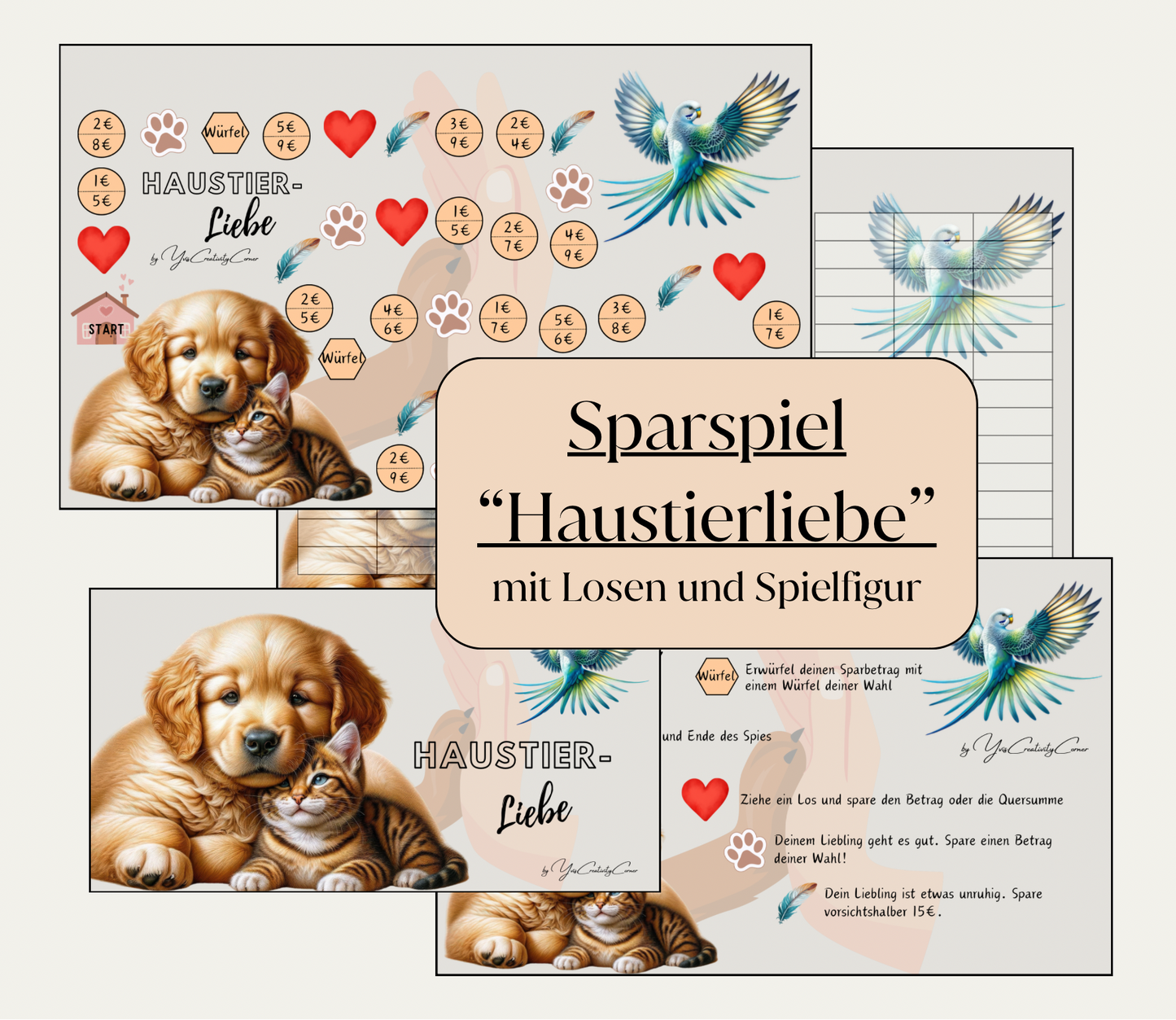 Sparspiel "Haustierliebe" inkl. Losen und passendem Tracker, Würfel und Spielfigur, A6