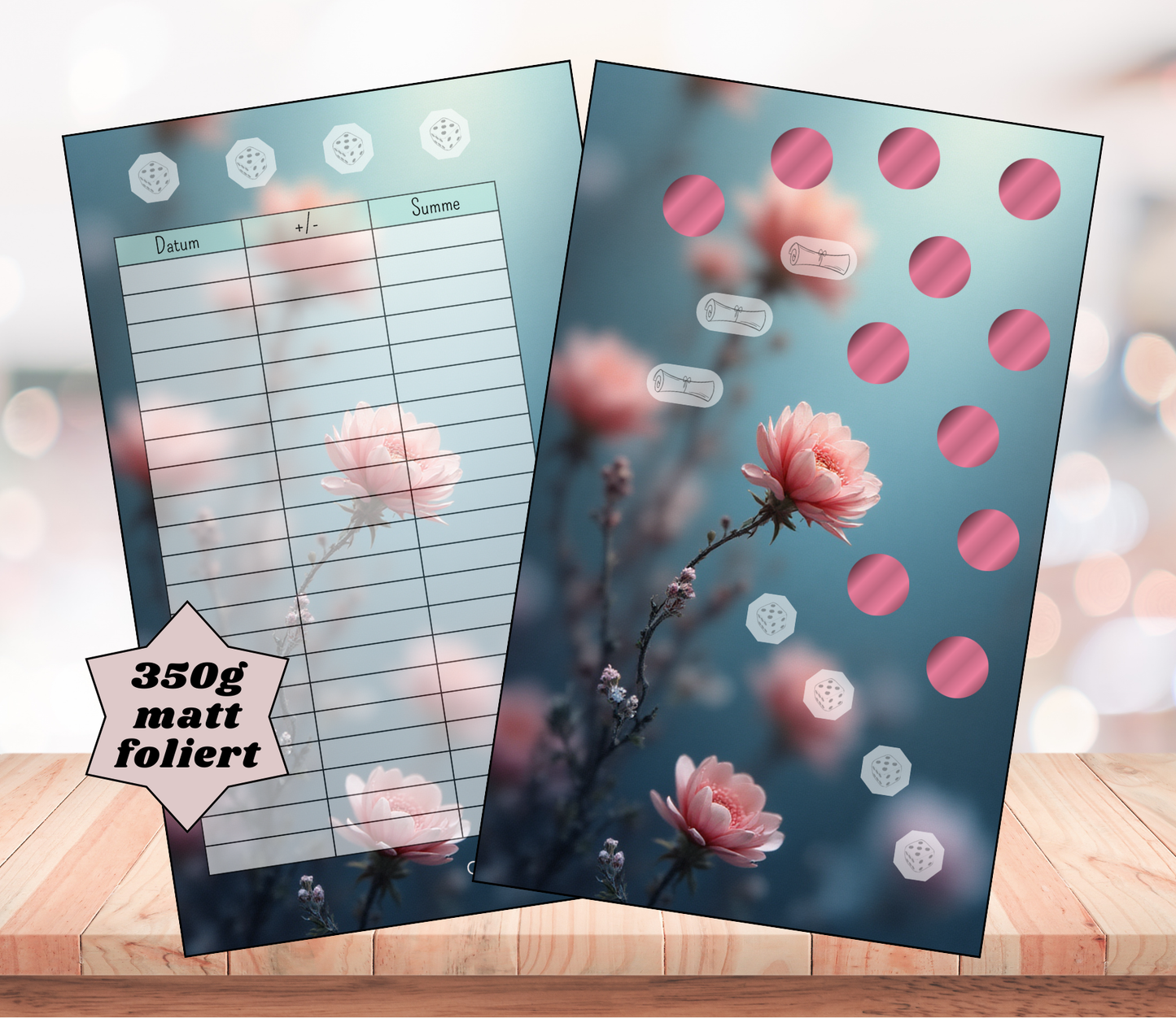 Sparchallenge "Blumen am Abend", A6 zum abheften, Papier 350g foliert