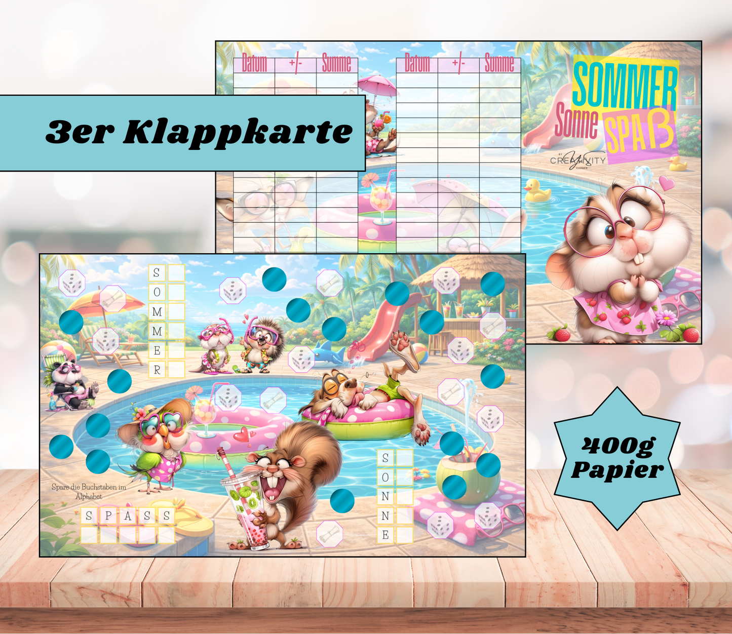 Sparchallenge „Sommer, Sonne, Spaß" Triple-Klappkarte, A6, 400g Papier