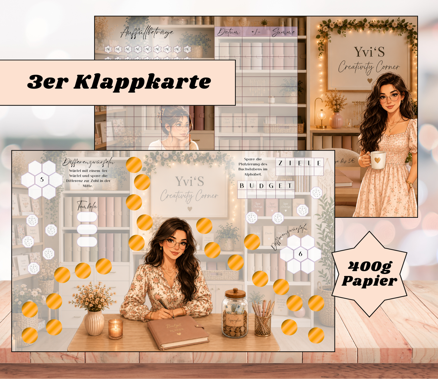 Sparchallenge "Shopsparer" Triple-Klappkarte, A6, 400g Papier