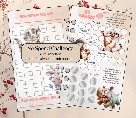 Sparchallenge "No Spend", A6, Papier 300g beschichtet zum Abheften