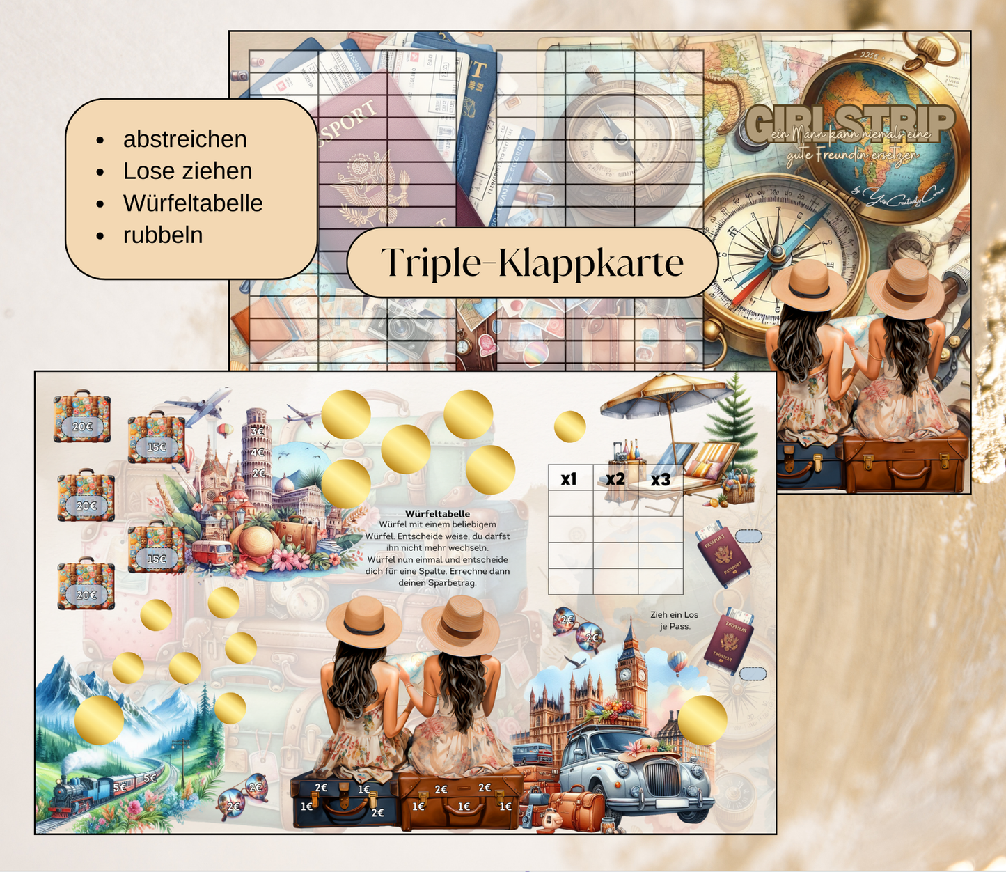 Sparchallenge "Girlstrip" Triple-Klappkarte, A6, Papier 250g