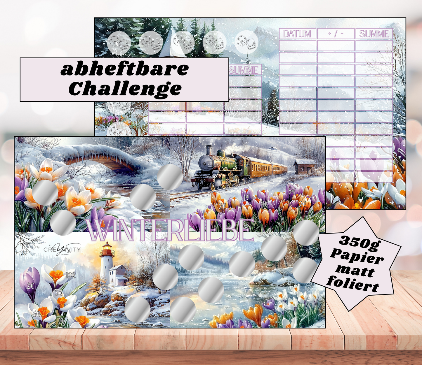 Sparchallenge "Winterliebe" wiederverwendbar, A6, Papier 350g matt foliert, zum Abheften