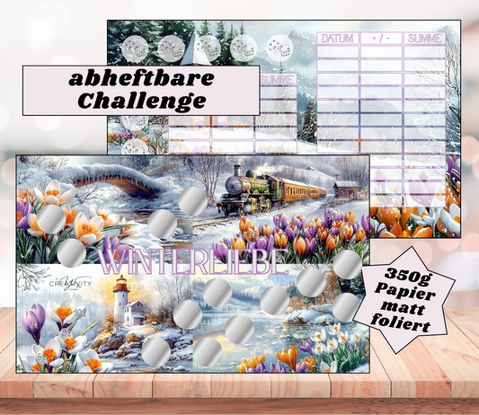 Sparchallenge "Winterliebe" wiederverwendbar, A6, Papier 350g matt foliert, zum Abheften