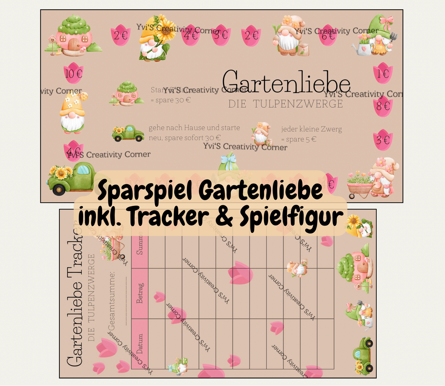 Sparspiel "Gartenliebe" inkl. passendem Tracker, Würfel und Spielfigur, A6, Papier 250g