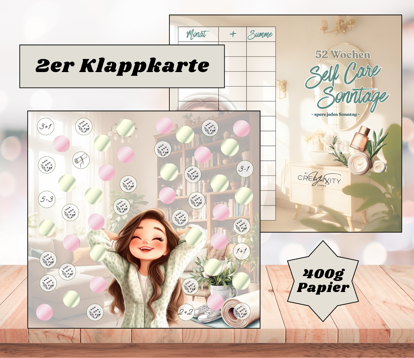 Sparchallenge "52 Wochen - Self Care Sonntage" Zweier-Klappkarte, A6, 400g Papier