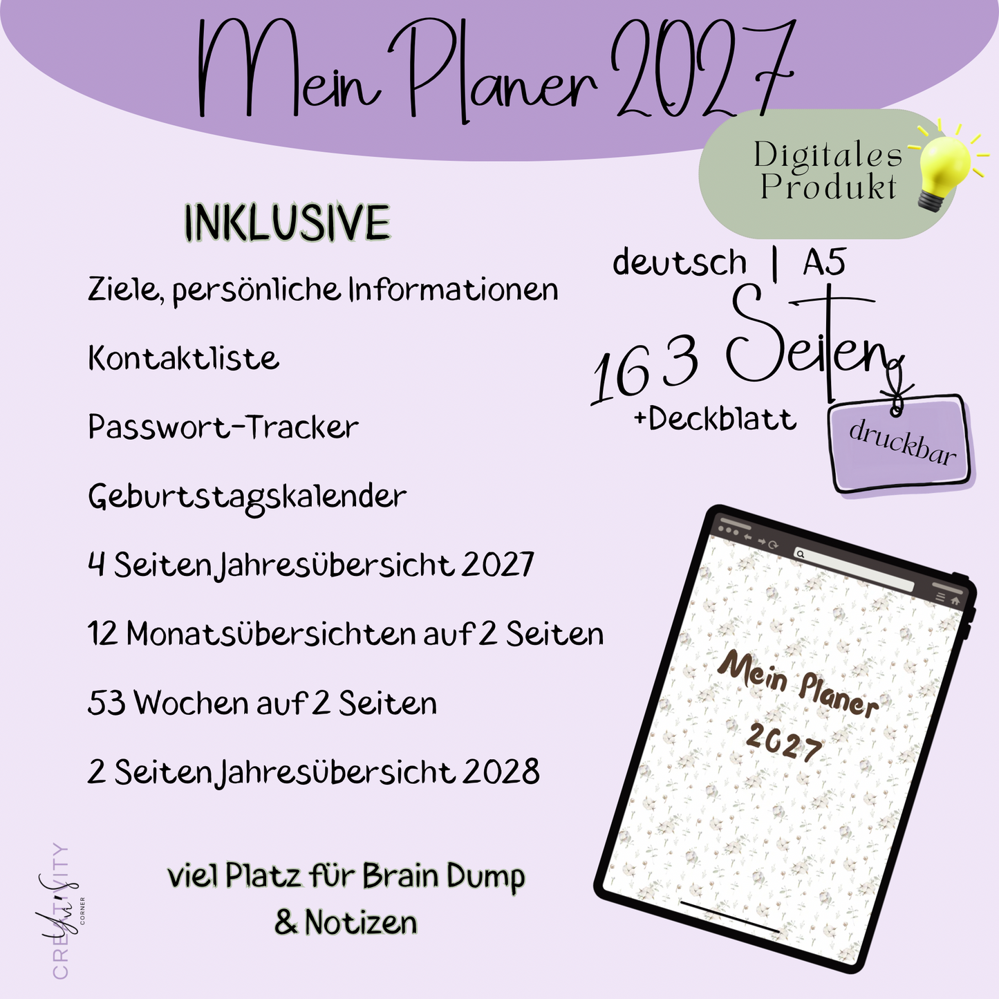 Mein Planer 2027 | A5 Jahresplaner zum Ausdrucken mit Passwort-Tracker, Geburtstagskalender & Wochenübersicht