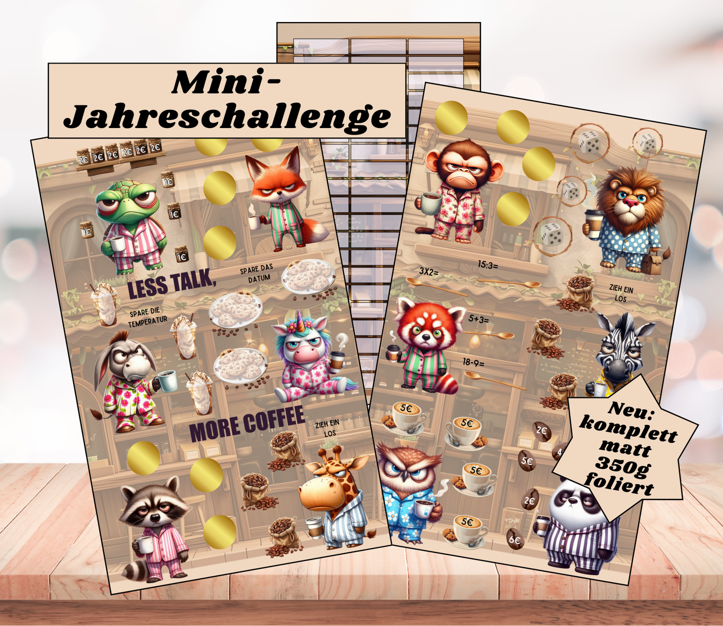 Mini-Jahreschallenge "Less talk, more Coffee", gelocht und matt foliert für A6, Papier 350g