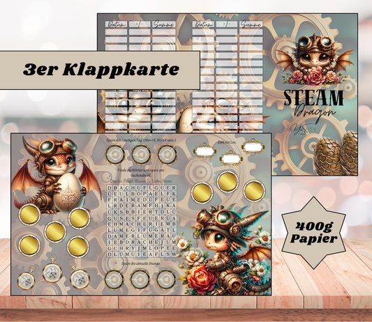Sparchallenge "Steam Dragon 2.0" Triple-Klappkarte, A6, 400g Papier