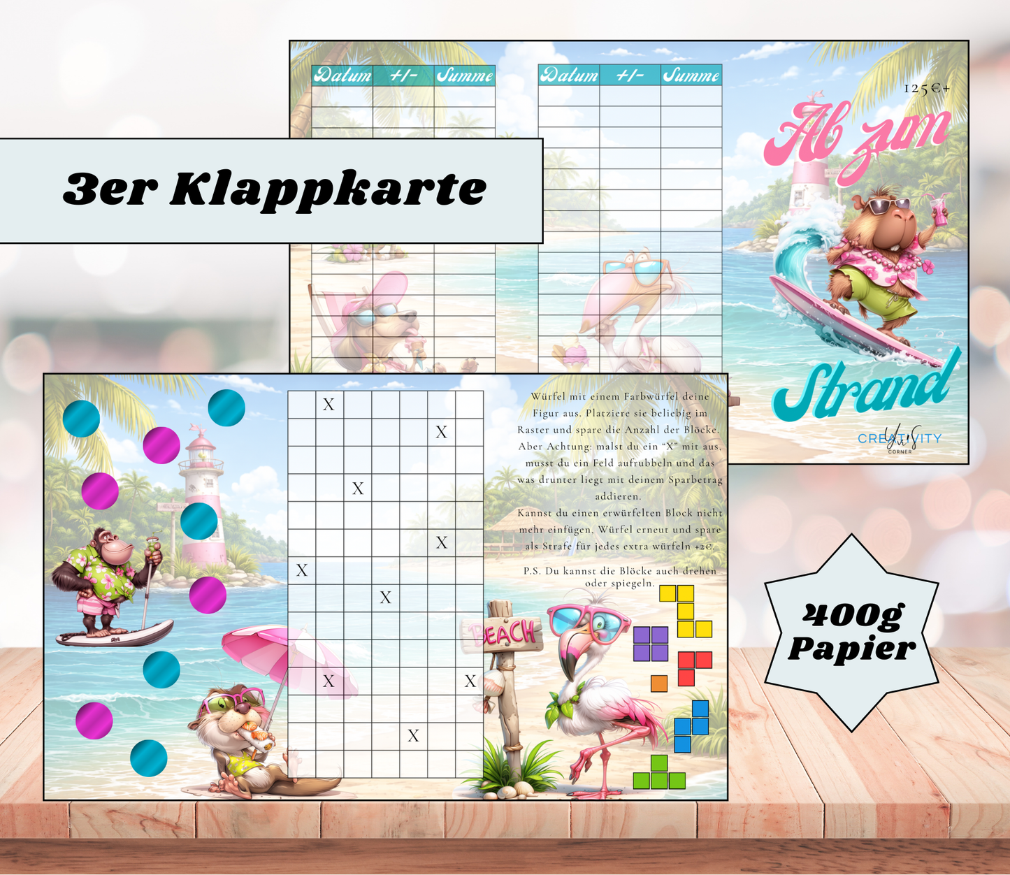 Sparchallenge "ab zum Strand - Spartris" Triple-Klappkarte, A6, 400g Papier
