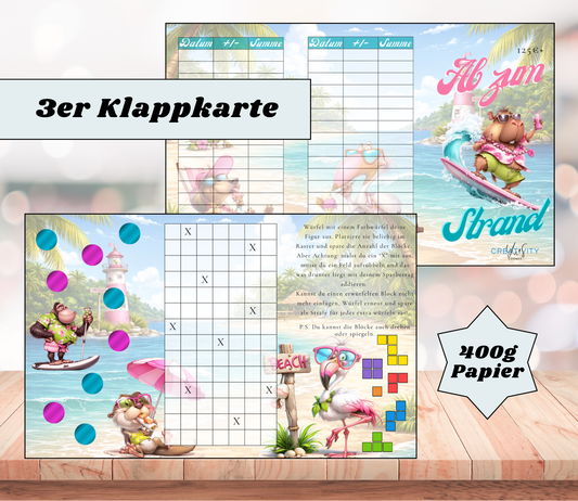 Sparchallenge "ab zum Strand - Spartris" Triple-Klappkarte, A6, 400g Papier