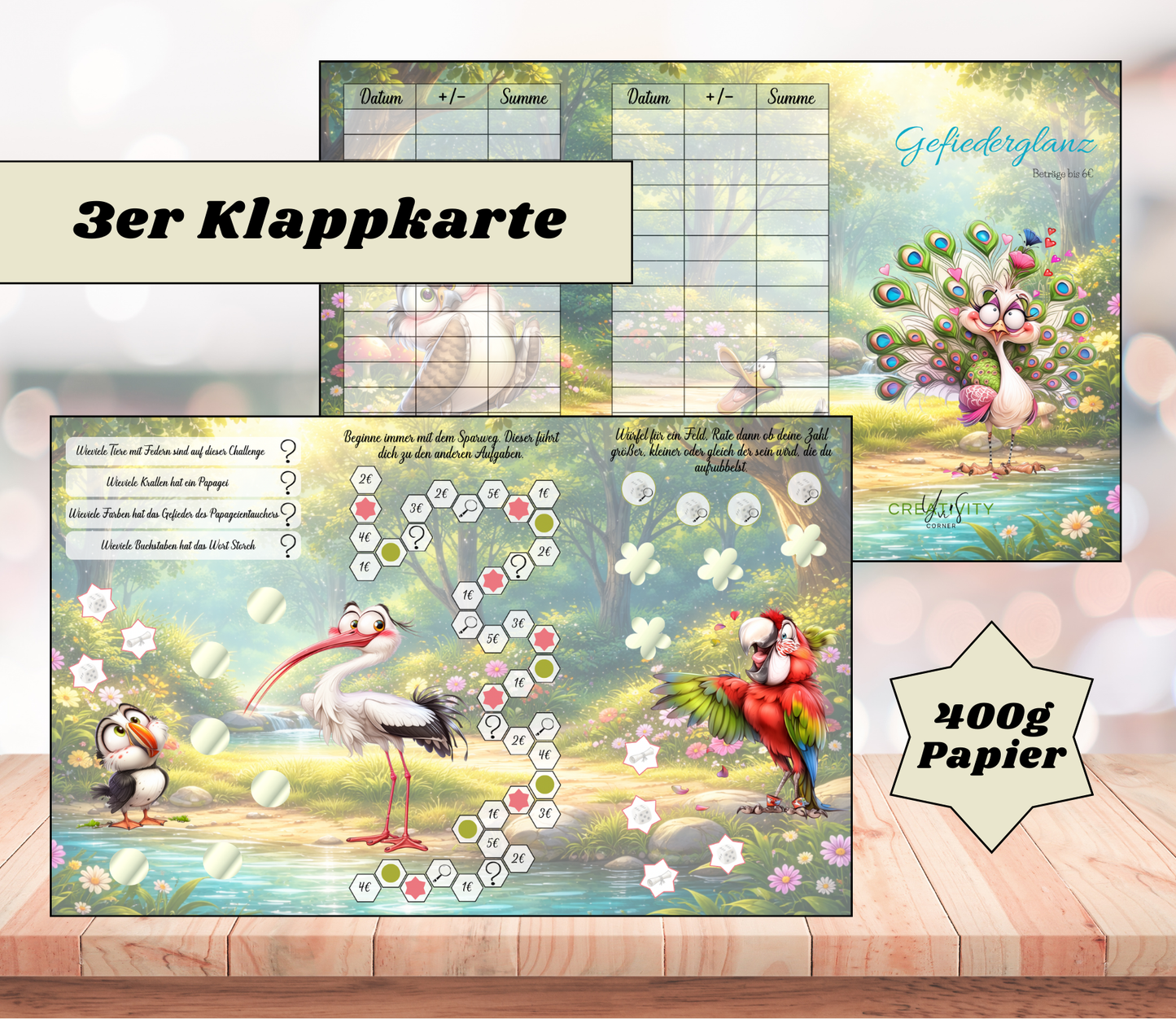 Sparchallenge "Gefiederglanz" Triple-Klappkarte, A6, 400g Papier
