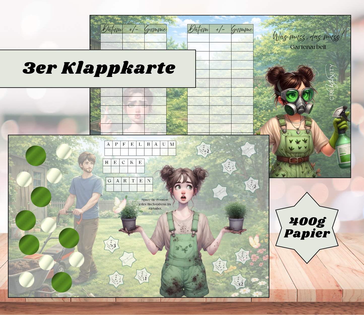 Sparchallenge "Was muss, das muss - Gartenarbeit" Triple-Klappkarte, A6, 400g Papier