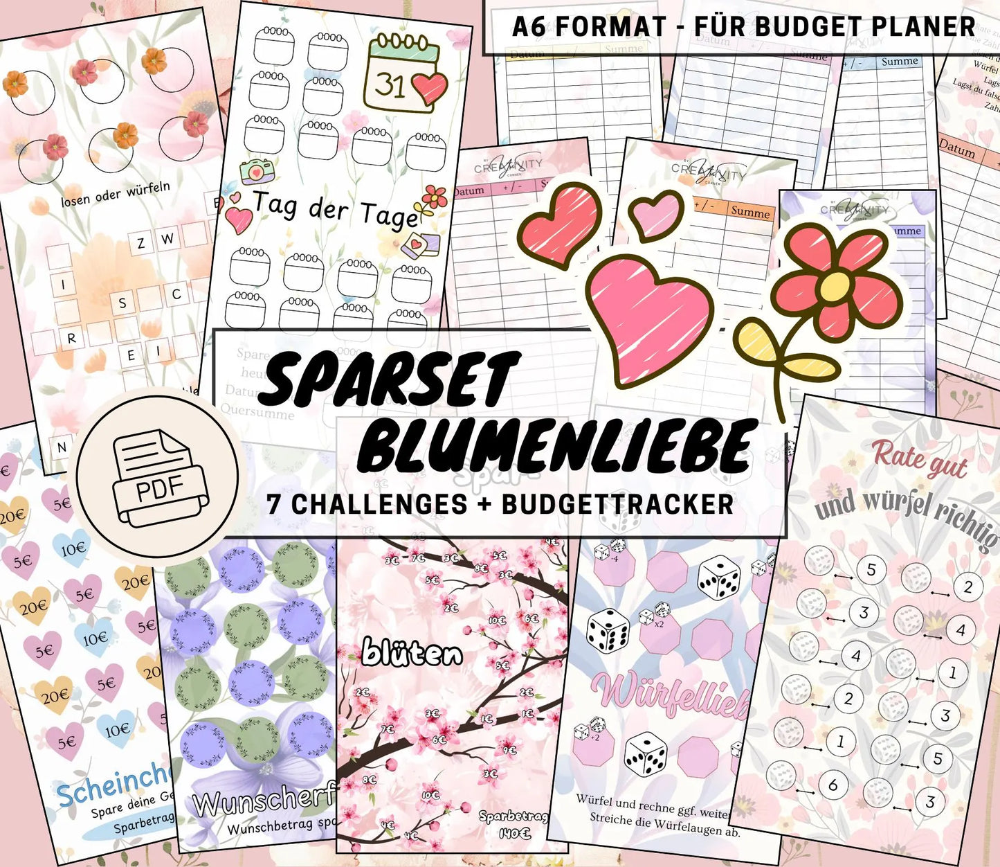 Sparchallenge Set “Blumenliebe”, A6 selbst Ausdrucken💡KEIN physischer Artikel💡