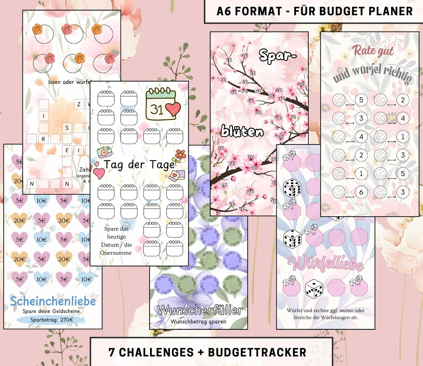Sparchallenge Set “Blumenliebe”, A6 selbst Ausdrucken💡KEIN physischer Artikel💡